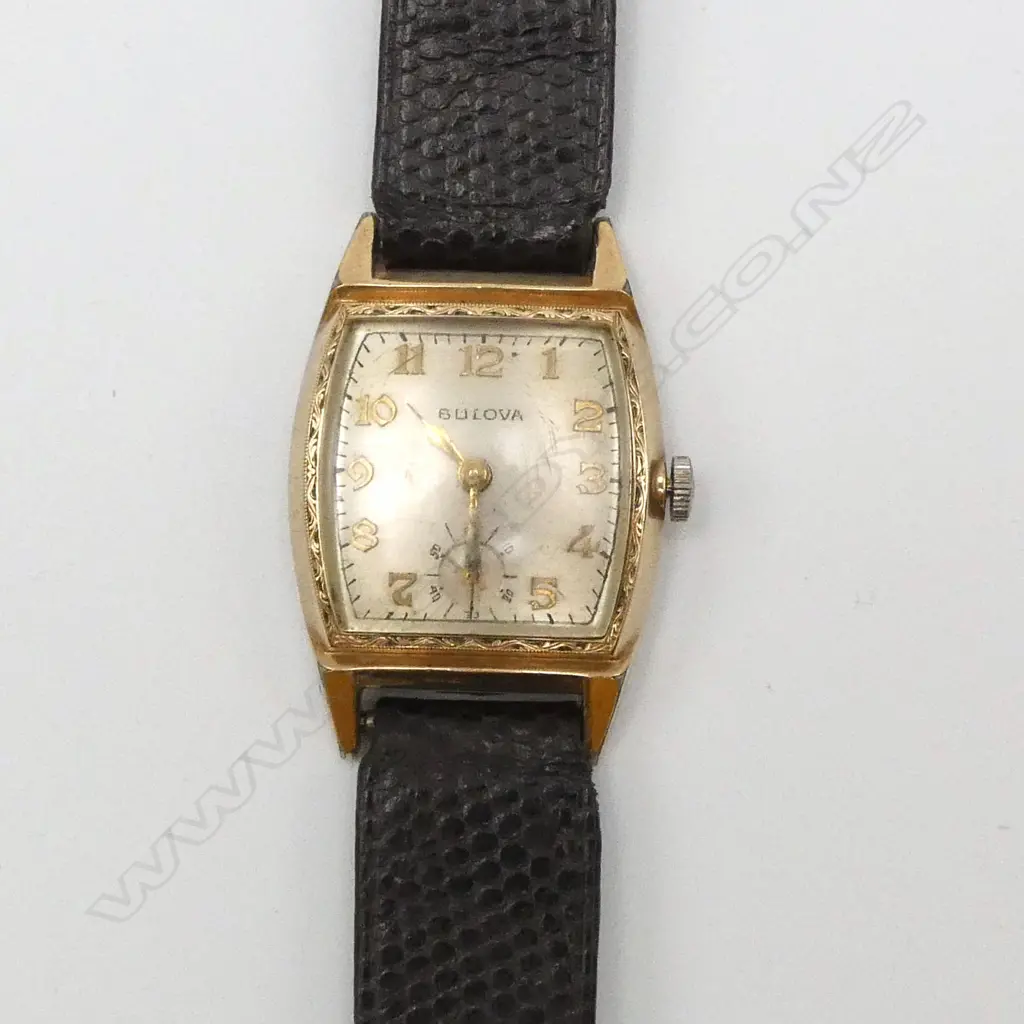 VINTAGE BULOVA AUTOMATIC GENT'S GOLD PLATE & stainless WRISTWATCH w leather strap. c.1950/1960. Working Image 1++