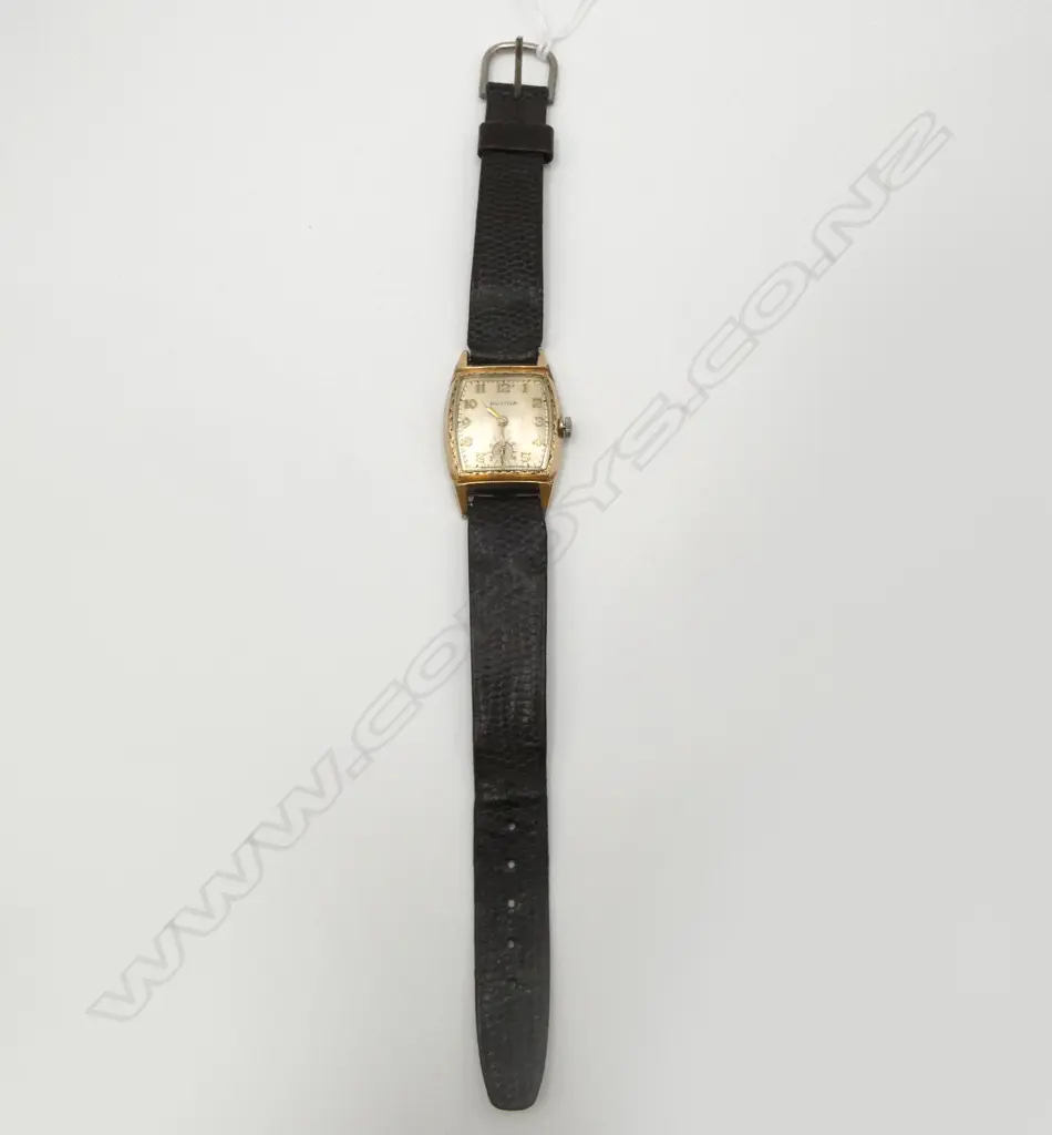 VINTAGE BULOVA AUTOMATIC GENT'S GOLD PLATE & stainless WRISTWATCH w leather strap. c.1950/1960. Working Image 1++