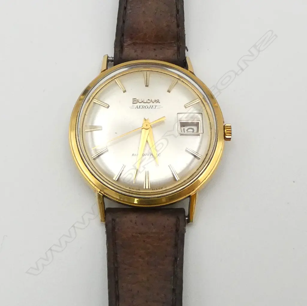 VINTAGE BULOVA AUTOMATIC 'AEROJET' GENT'S GOLD PLATE & stainless WRISTWATCH w leather strap. c.1970. Working Image 1++