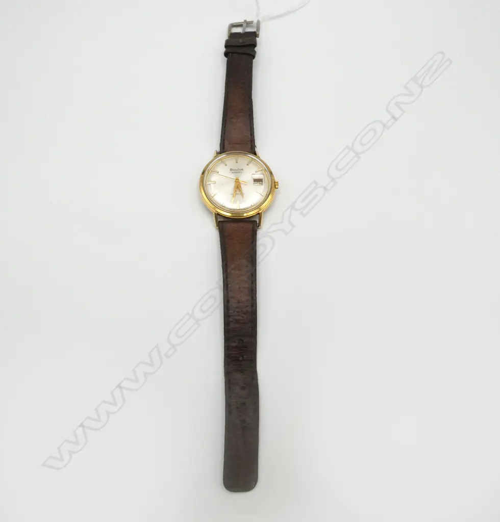 VINTAGE BULOVA AUTOMATIC 'AEROJET' GENT'S GOLD PLATE & stainless WRISTWATCH w leather strap. c.1970. Working Image 1++