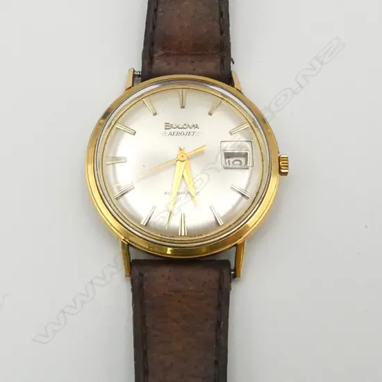 VINTAGE BULOVA AUTOMATIC 'AEROJET' GENT'S GOLD PLATE & stainless WRISTWATCH w leather strap. c.1970. Working