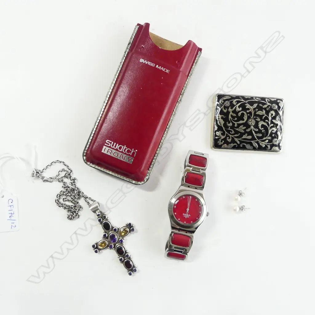SILVER CROSS PENDANT NECKLACE + TIE CLASP 55gms, PR PEARL STUD EARRINGS, SWATCH WATCH Image 1++