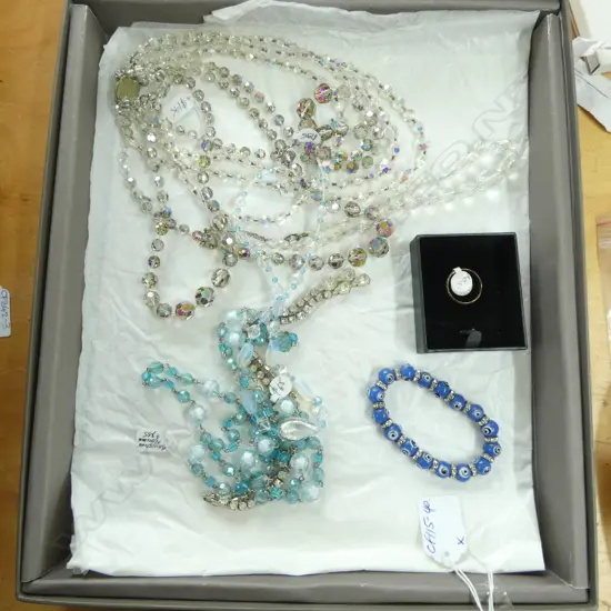 TRAY OF ASST JEWELLERY: CRYSTAL NECKLACES + RHINSTONE NECKLACE + Swarovski necklace + coloured glass pces etc