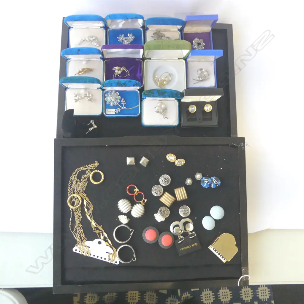 2 TRAYS COSTUME JEWLERY BROOCHES & EARINGS ETC Image 1++
