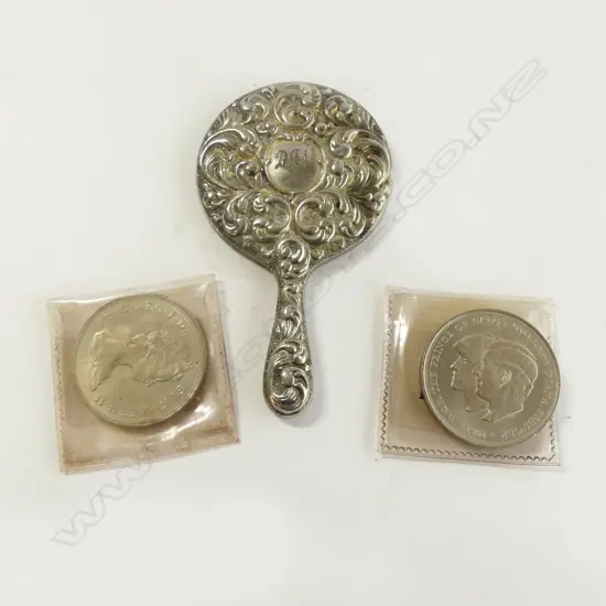 SMALL OLD SILVER PLATE PURSE HAND MIRROR + 2 UK UNC CROWN COINS