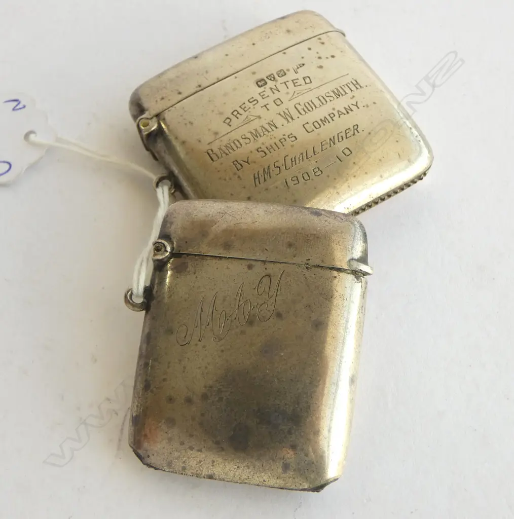 2 STG SILVER VESTAS, CHESTER 1908 & B'HAM 1922, ONE ENGRAVED 'PRES TO B. W. GOLDSMITH ... H.M.S. CHALLENGER' 32gms TOTAL Image 1++