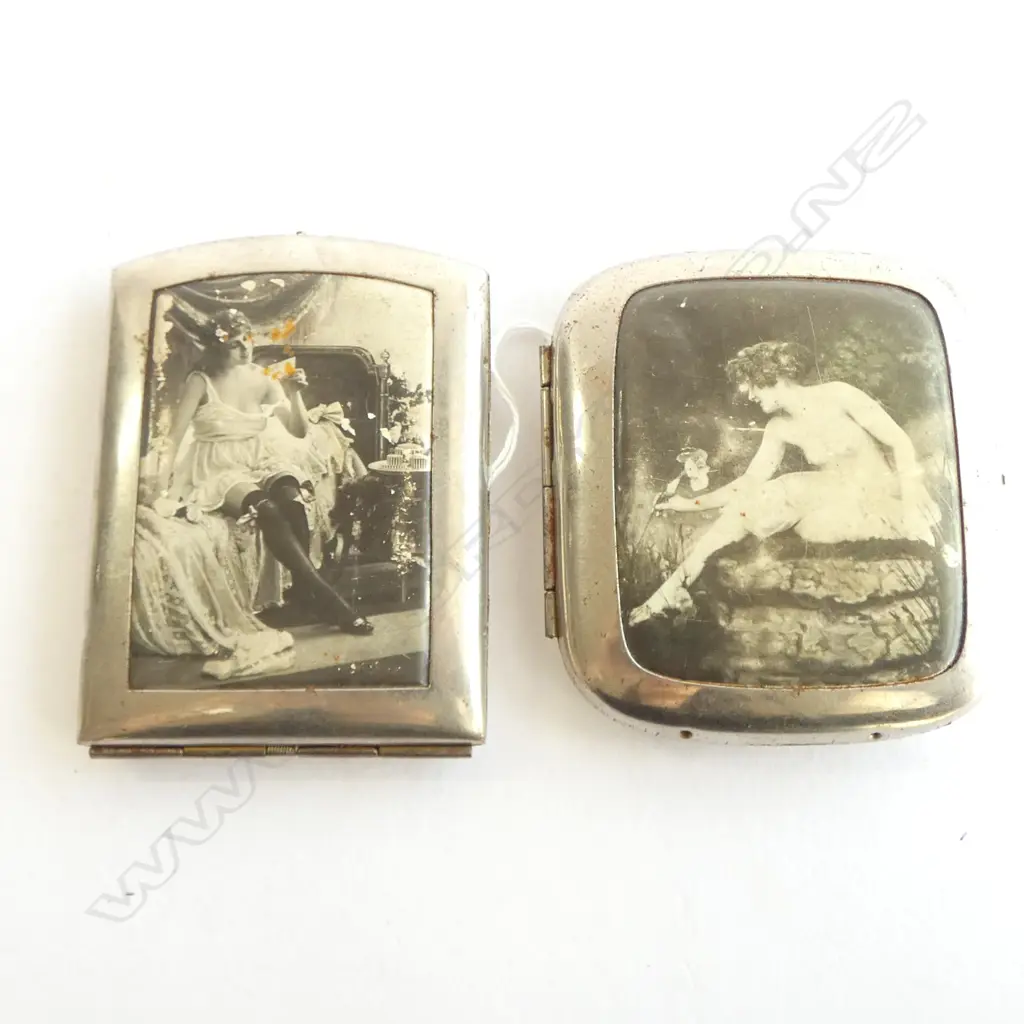 2 early 20thC chrome RISQUE CIGARETTE CASES b&w photographic images  Image 1++