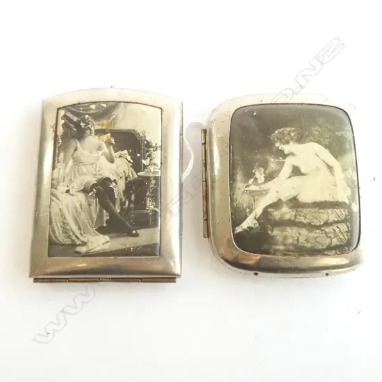 2 early 20thC chrome RISQUE CIGARETTE CASES b&w photographic images 