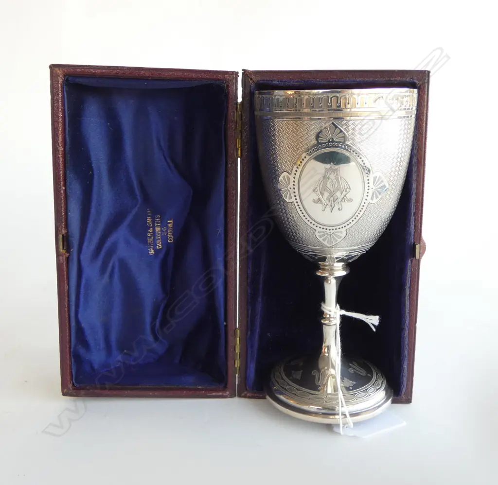 VICTORIAN STG SILVER GOBLET, By Barnard & Sons Ltd, retail BARBER & SMITH, CORNHILL LONDON H.155mm 177gms IN ORIG. CASE Image 1++