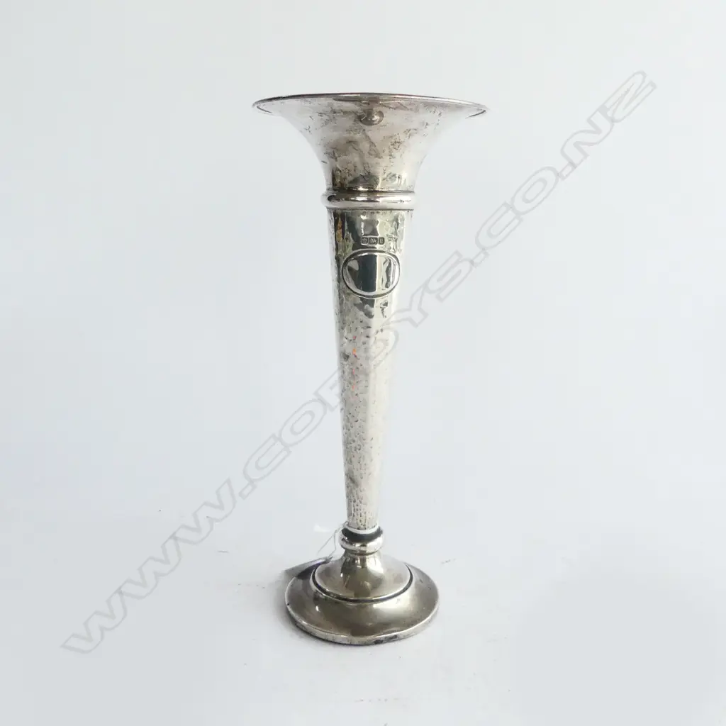 SILVER TALL TRUMPET VASE hammered finish Sheffield 1912 H.265mm weighted base Image 1++