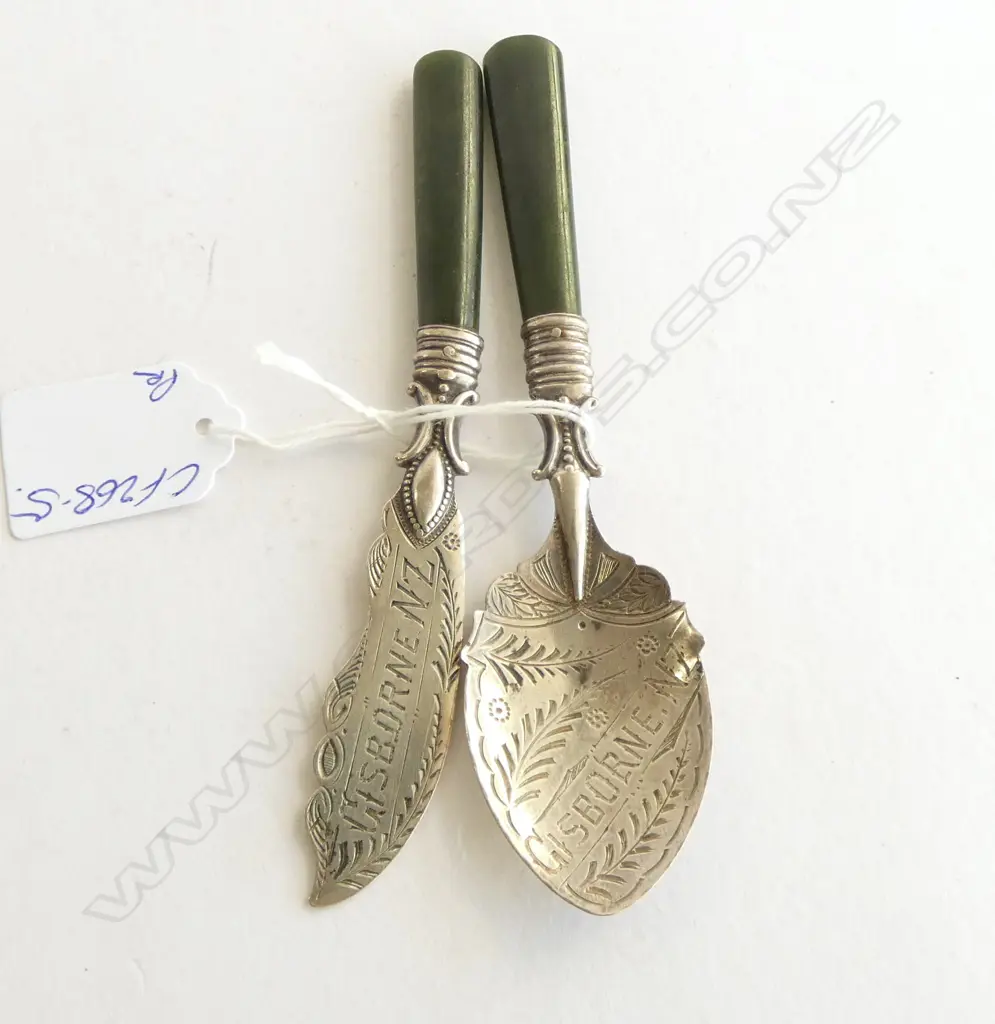 NZ COLONIAL 'GISBORNE NZ' SILVER & POUNAMU BUTTER KNIFE & SPOON marked 'A.M' Image 1++