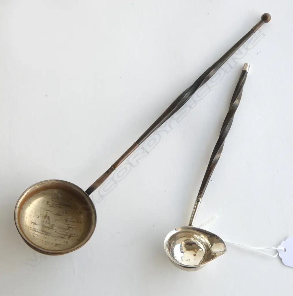 2 LADLES; GEORGIAN STG SILVER L.190mm, SILVER OVER COPPER TODDY L.295mm Image 1++