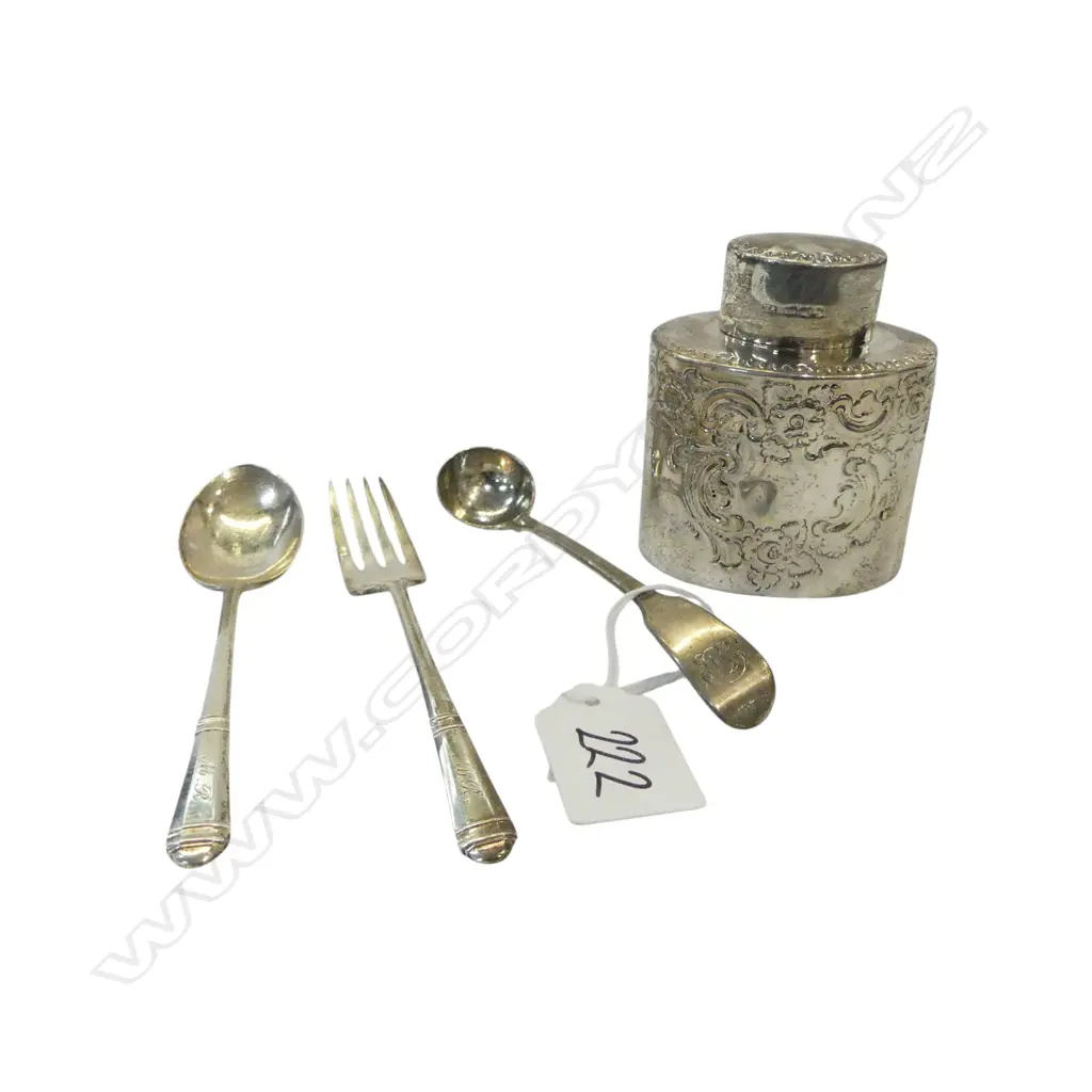 STG SILVER TEA CADDY H.85mm, SHEFFIELD 1894 + 3 PCES STG SILVER CUTLERY, TOTAL 112.86gms Image 1++