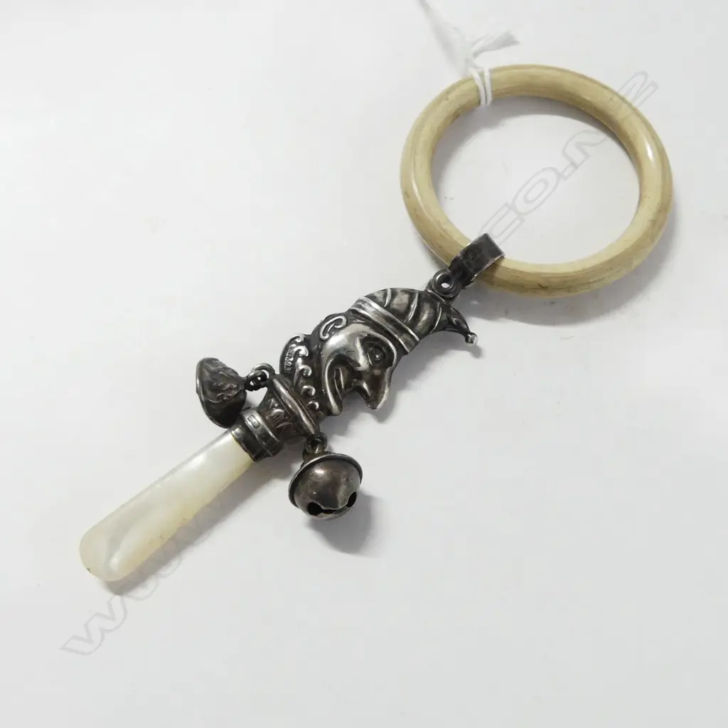 Birmingham 1926 SILVER PUNCH BABIES RATTLE with mop teething bar & hard plastic ring Image 1++