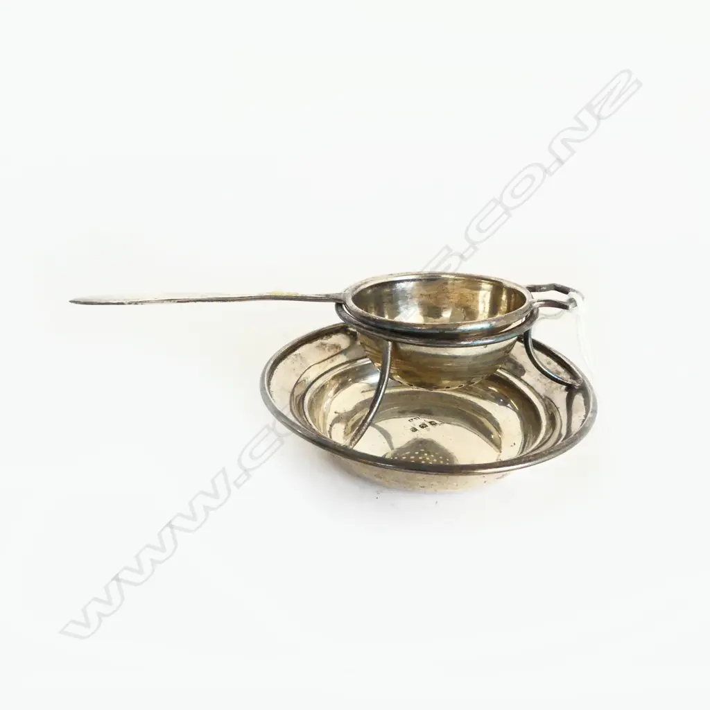 STG SILVER TEA STRAINER & BOWL, B'HAM EARLY 20thC 57gms Image 1++