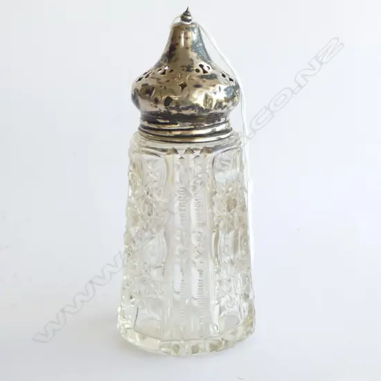 SILVER TOPPED (some dents) & CUT CRYSTAL SUGAR SIFTER H.140mm
