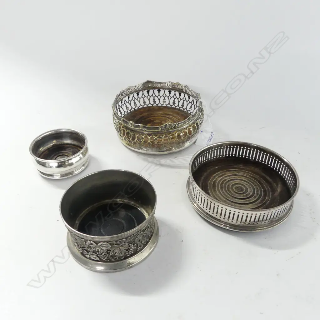 4 VARIOUS OLD SHEFFIELD & SILVER PLATE BOTTLE COASTERS Largest dia.140mm. Image 1++