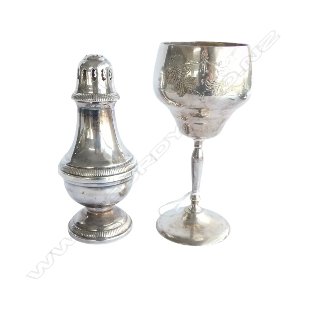 FRENCH SILVER PLATE SUGAR CASTER AND A GOBLET Image 1++