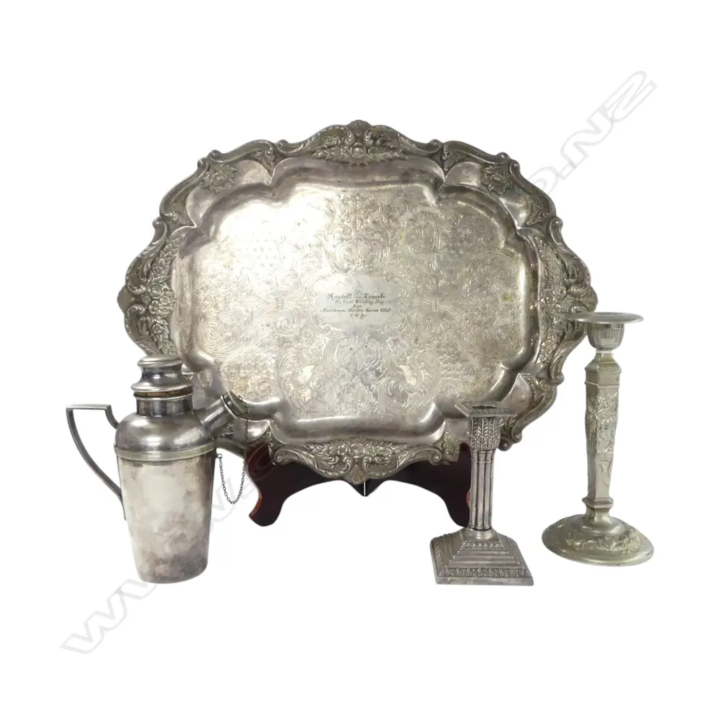 4 PCES EP; TRAY 390x510mm, 2 CANDLESTICKS, COCKTAIL SHAKER Image 1++