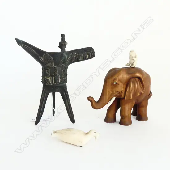 ORIENTAL ARCHAIC STYLE VESSEL H.125mm, IVORY WALRUS L.55mm, WOODEN ELEPHANT H.105mm