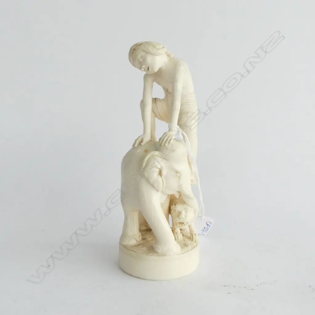 OLD INDIAN SOLID & well CARVED IVORY FIGURE GROUP of a man clambering onto his elephant + tiger. Circular base H.140mm Image 1++