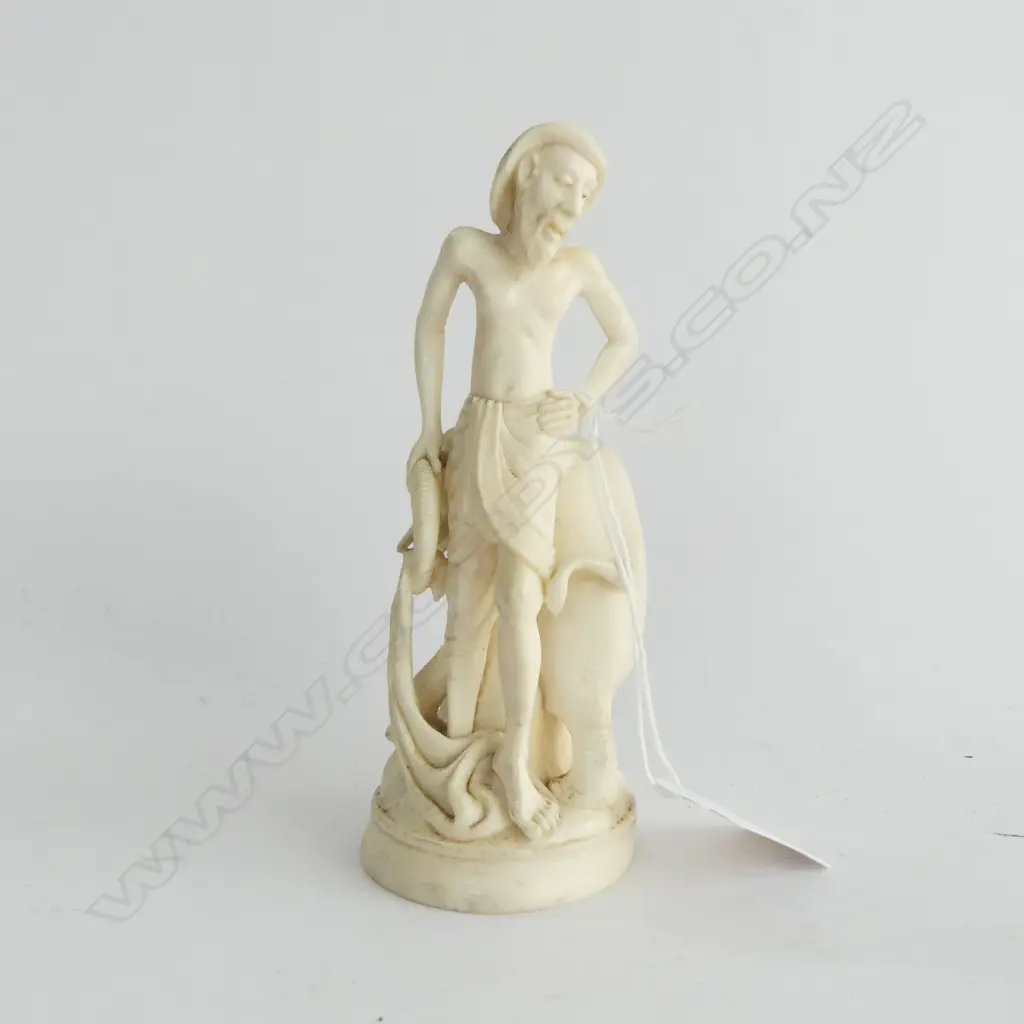 OLD INDIAN SOLID & well CARVED IVORY FIGURE GROUP of a man with his elephant curved behind him . Circular base H.140mm Image 1++
