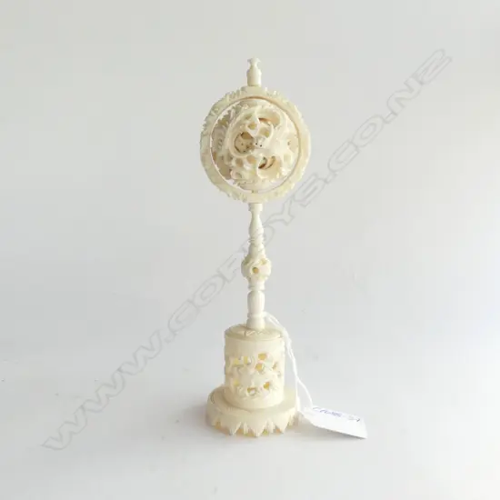 CHINESE CARVED & TURNED IVORY PUZZLE BALL ON STAND H.200mm