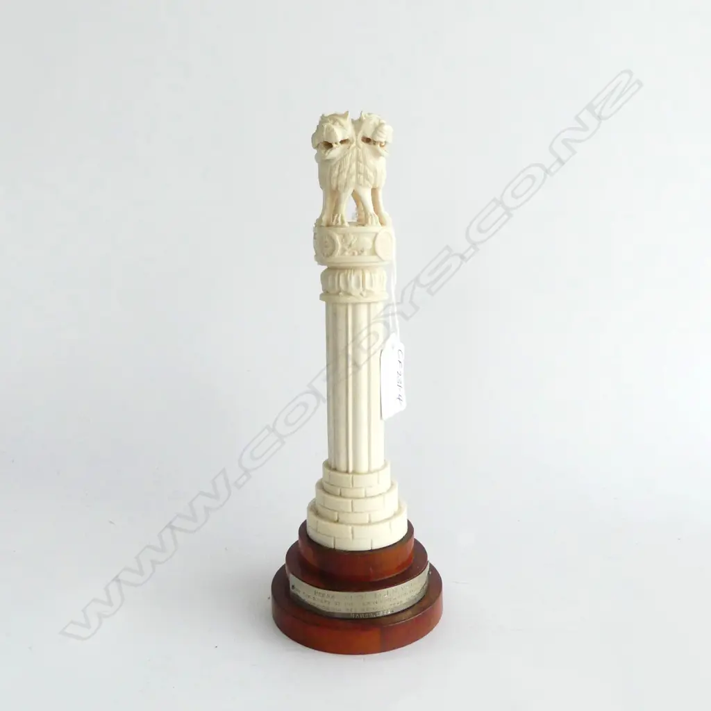 OLD INDIAN CARVED IVORY REPLICA of the ASHOKA PILLAR with 4 lion capital. India's national emblem. Wooden base. H.205mm  Image 1++