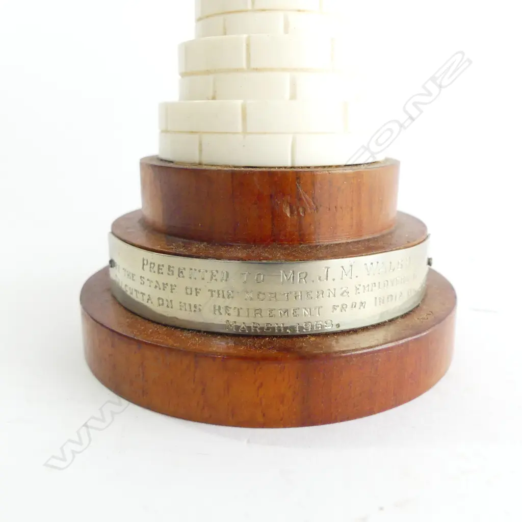 OLD INDIAN CARVED IVORY REPLICA of the ASHOKA PILLAR with 4 lion capital. India's national emblem. Wooden base. H.205mm  Image 1++