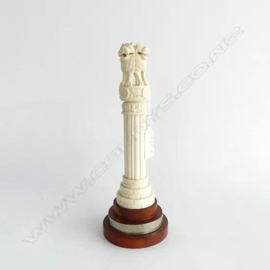 OLD INDIAN CARVED IVORY REPLICA of the ASHOKA PILLAR with 4 lion capital. India's national emblem. Wooden base. H.205mm 
