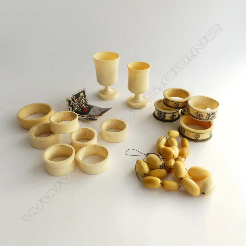 VINTAGE IVORY COLLECTION: 2 goblets + 12 various napkin rings + necklace needs restringing Image 1++