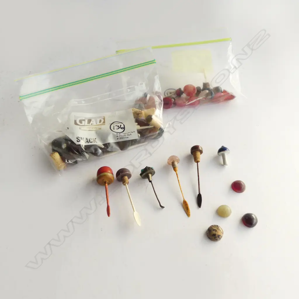 2 BAGS OF oriental SNUFF BOTTLE TOPS of various red & other stones & gems + corks + spoons Image 1++