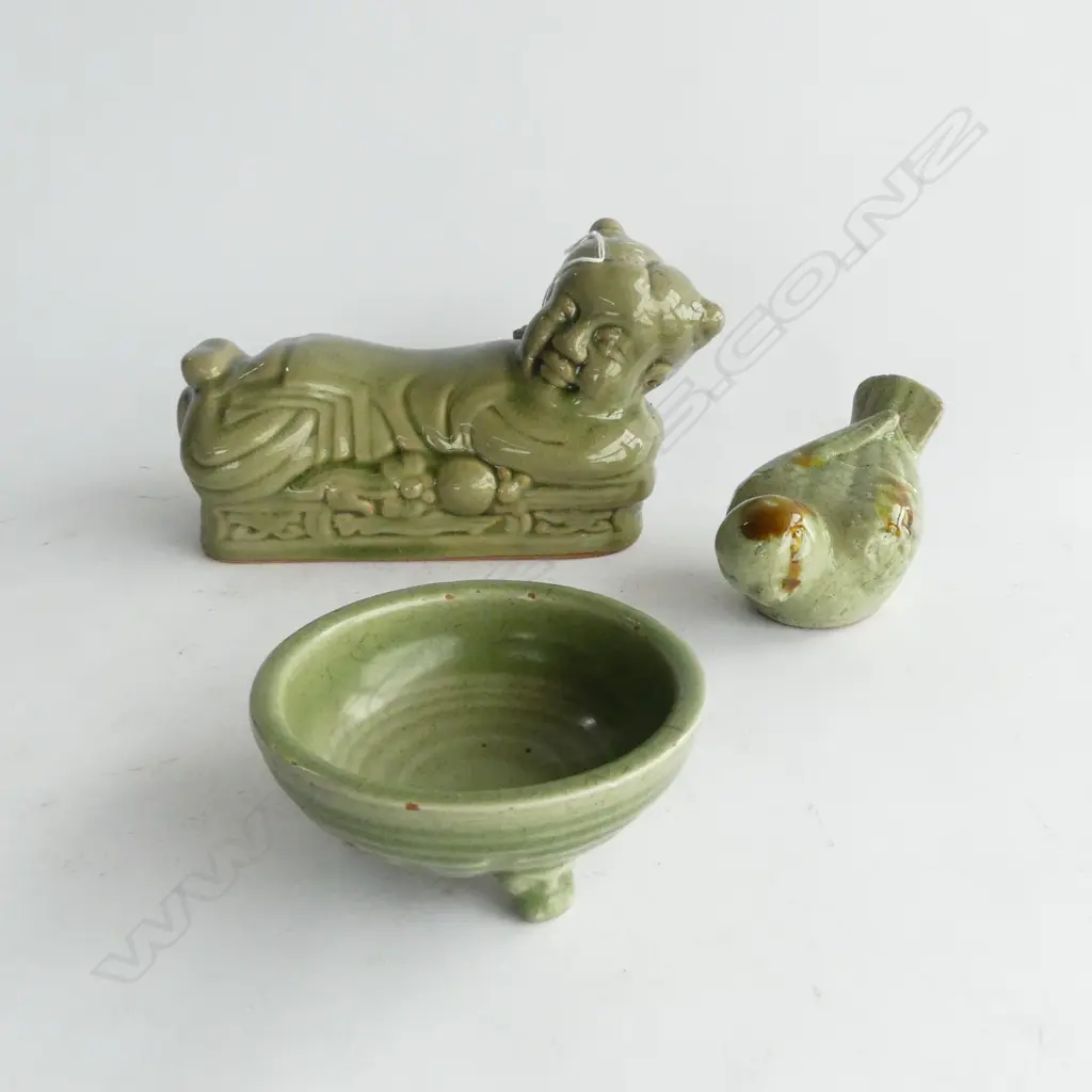3 PCES ORIENTAL CELADON CERAMICS; HEAD REST W.260mm, BOWL 130mm dia, SPARROW Image 1++