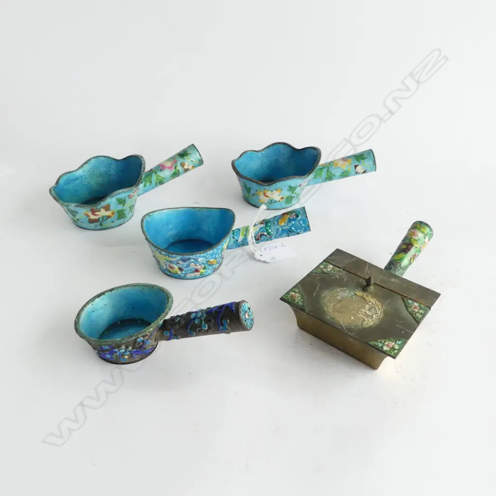 5 CHINESE ENAMELLED BLUE HANDLED silvered COPPER SILK IRONS. Hot coals traditionally placed inside  Image 1++