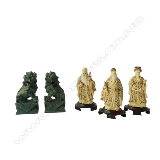 THREE CHINESE RESIN FIGURES + PR SHISHI DOGS H.160mm