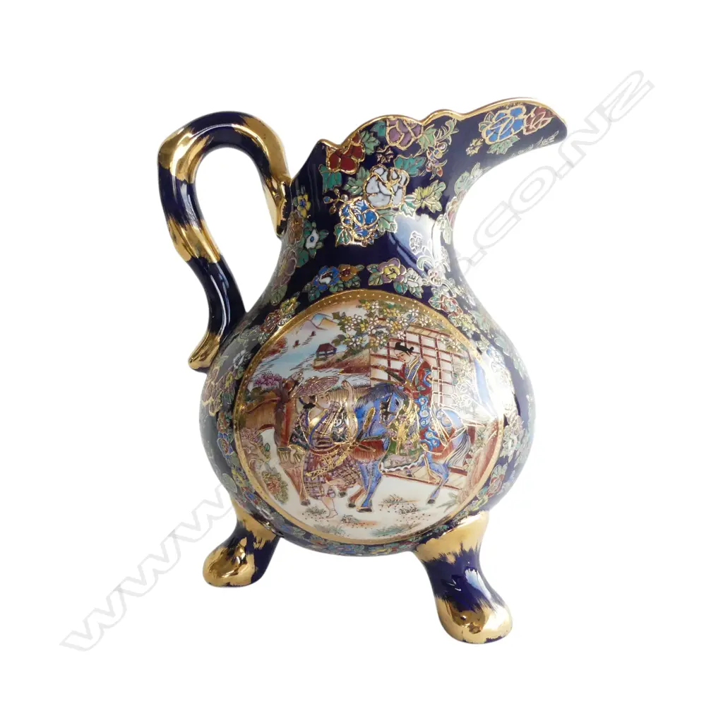 LARGE JAPANESE SATSUMA JUG cobalt ground figures in walled garden w gilt highlights H.295mm Image 1++
