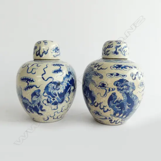 PAIR OLD LIDDED BL/WH CHINESE GINGER JARS WITH FOO DOG DECORATION H.140mm