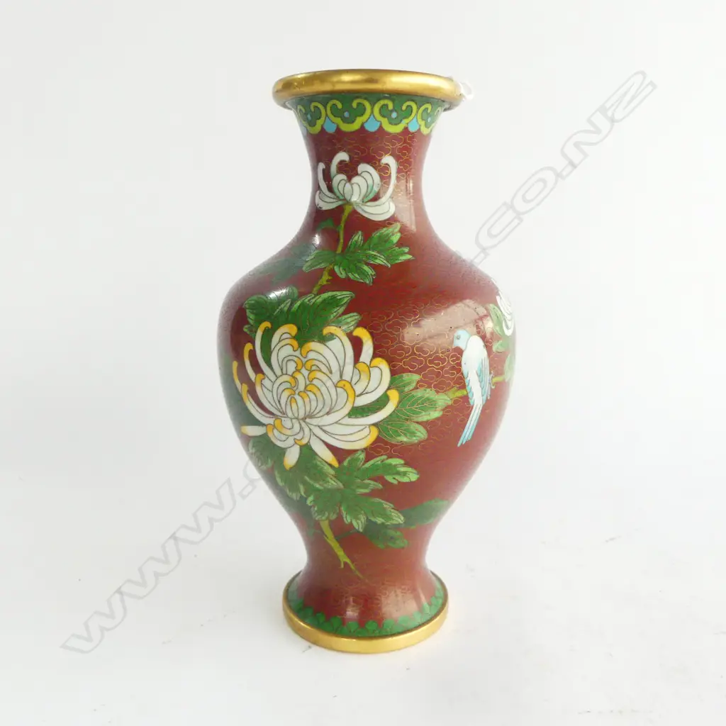 ORIENTAL CLOISONNE VASE FLOWERS & BIRD on brick red ground H.210mm Image 1++