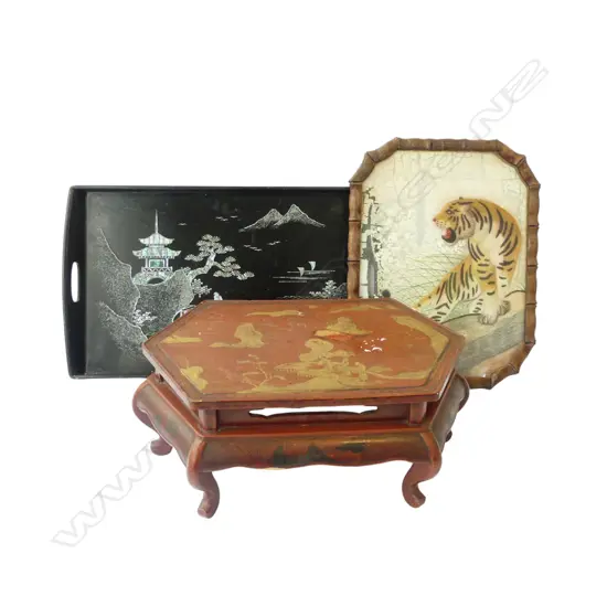 CHINESE RED LACQUERED HEXAGONAL STAND + 2 TRAYS (1 w abalone inlay)