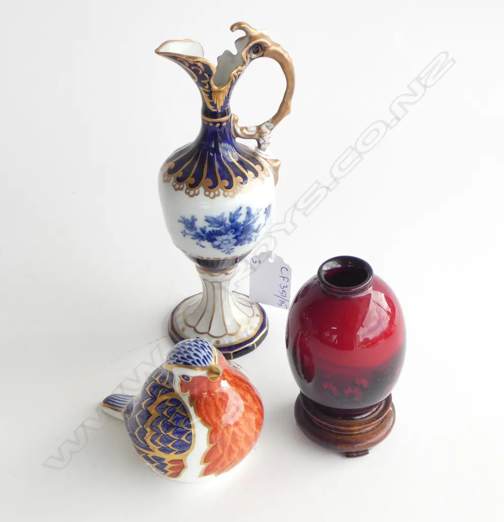 ROYAL CROWN DERBY BIRD, ROYAL DOULTON FLAMBE VASE ON STAND H.95mm, ROYAL DUX JUG H.170mm Image 1++