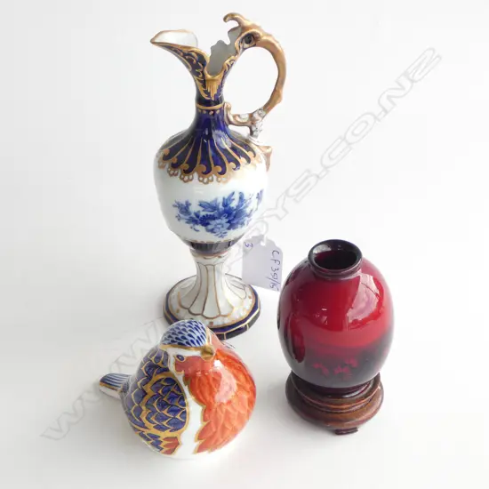 ROYAL CROWN DERBY BIRD, ROYAL DOULTON FLAMBE VASE ON STAND H.95mm, ROYAL DUX JUG H.170mm