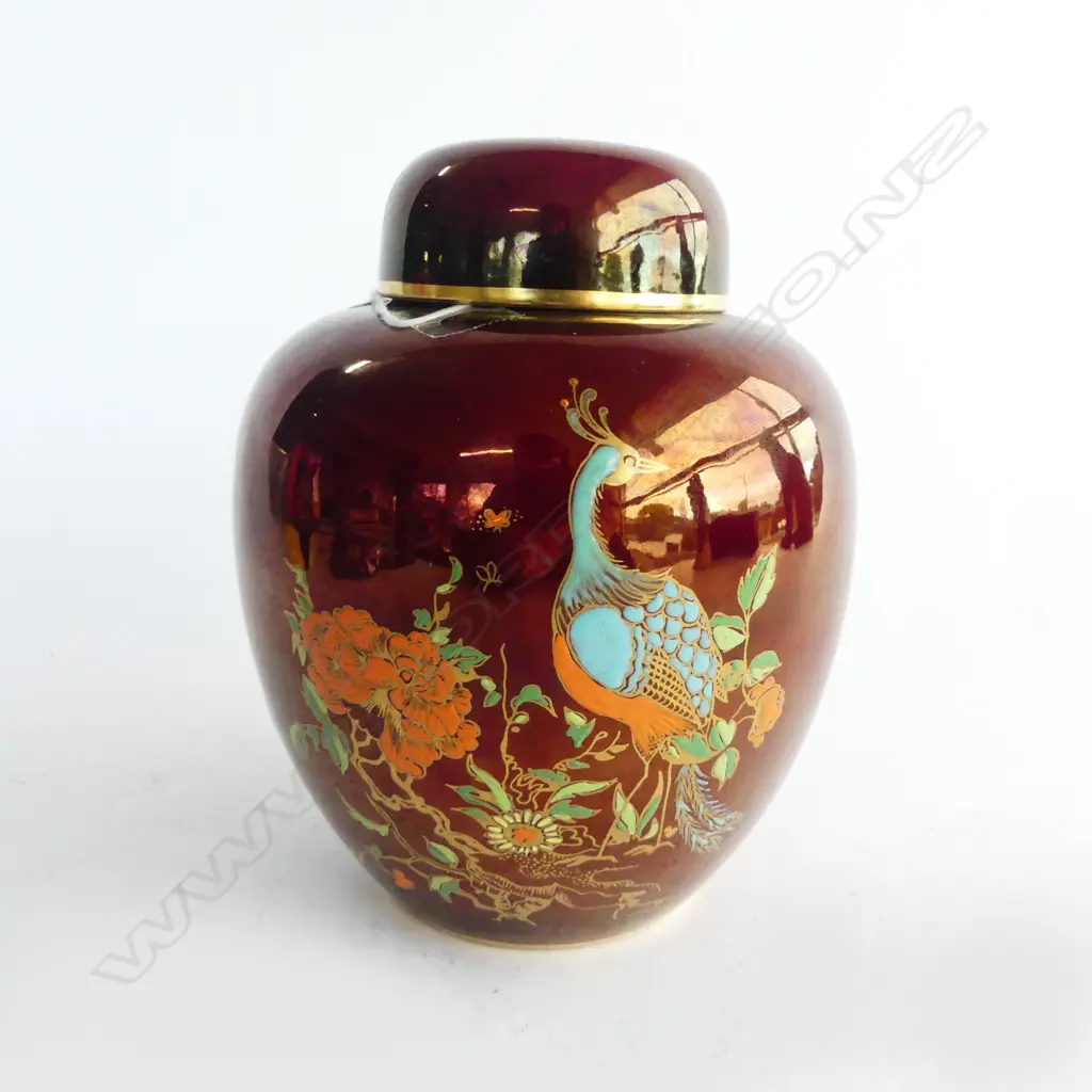 CARLTON WARE ROUGE ROYALE GINGER JAR w peacock butterflies & florals H.160mm Image 1++