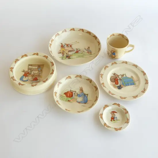 ROYAL DOULTON 'BUNNYKINS' TRIO (SMALL CHIP), BABY BOWL + 2 OTHERS
