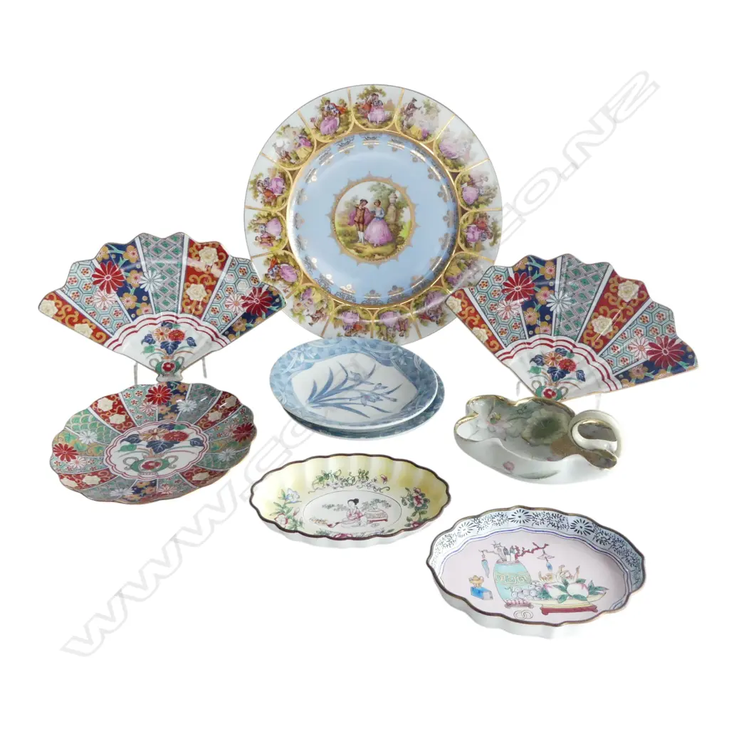 GERMAN MEISSEN TYPE PLATE + 8 SMALL DISHES: porcelain + oriental porcelain & 2 enamelled Image 1++