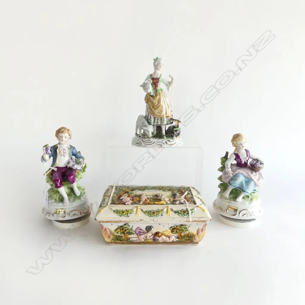 3 PORCELIAN FIGURES (1 GERMAN + 2 musical) + ITALIAN LIDDED BOX with cherubs. L.180mm Image 1++