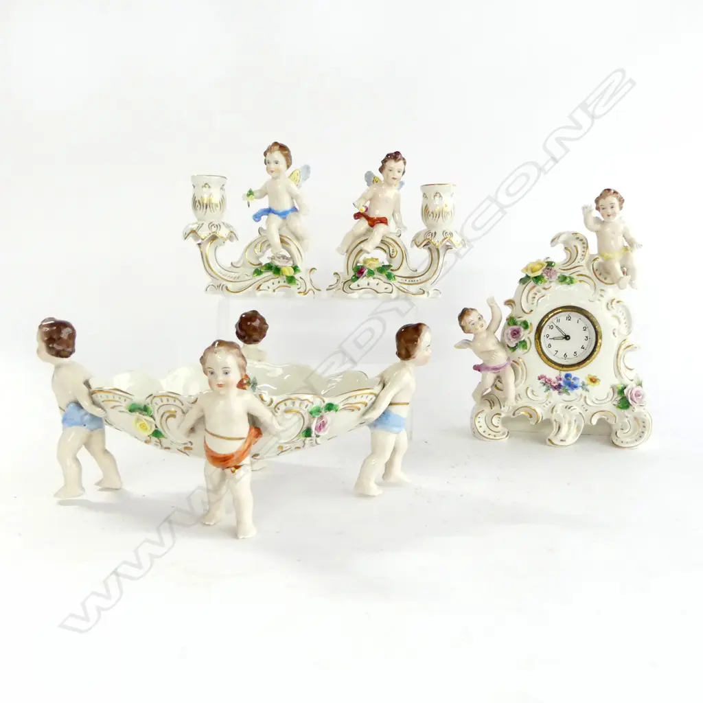 4 PCES GERMAN DRESDEN CHERUB CHINA; CLOCK, PR CANDLEHOLDERS, BOWL (LEG REPAIRED) W.290mm Image 1++