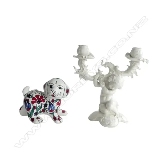 HUTCHENREUTHER CHERUB 2 SCROLLING BRANCH CANDLEABRA H.270mm small chip + DOG from Crete