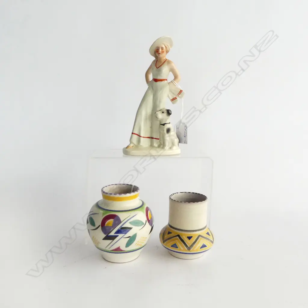 ART DECO ceramic figure w dog head repaired + 2 POOLE POTTERY VASES H.100mm. Image 1++