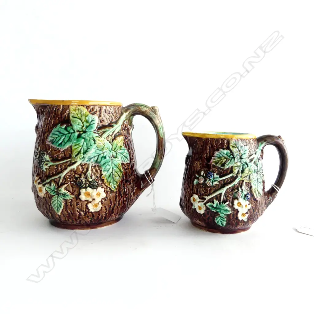 PR WEDGWOOD MAJOLICA c.1900 TRICKLE GLAZE JUGS, LEAF & BERRY, HAIRLINE TO SMALL BASE ( STAMPED) Sm H.110 L.145mm Image 1++