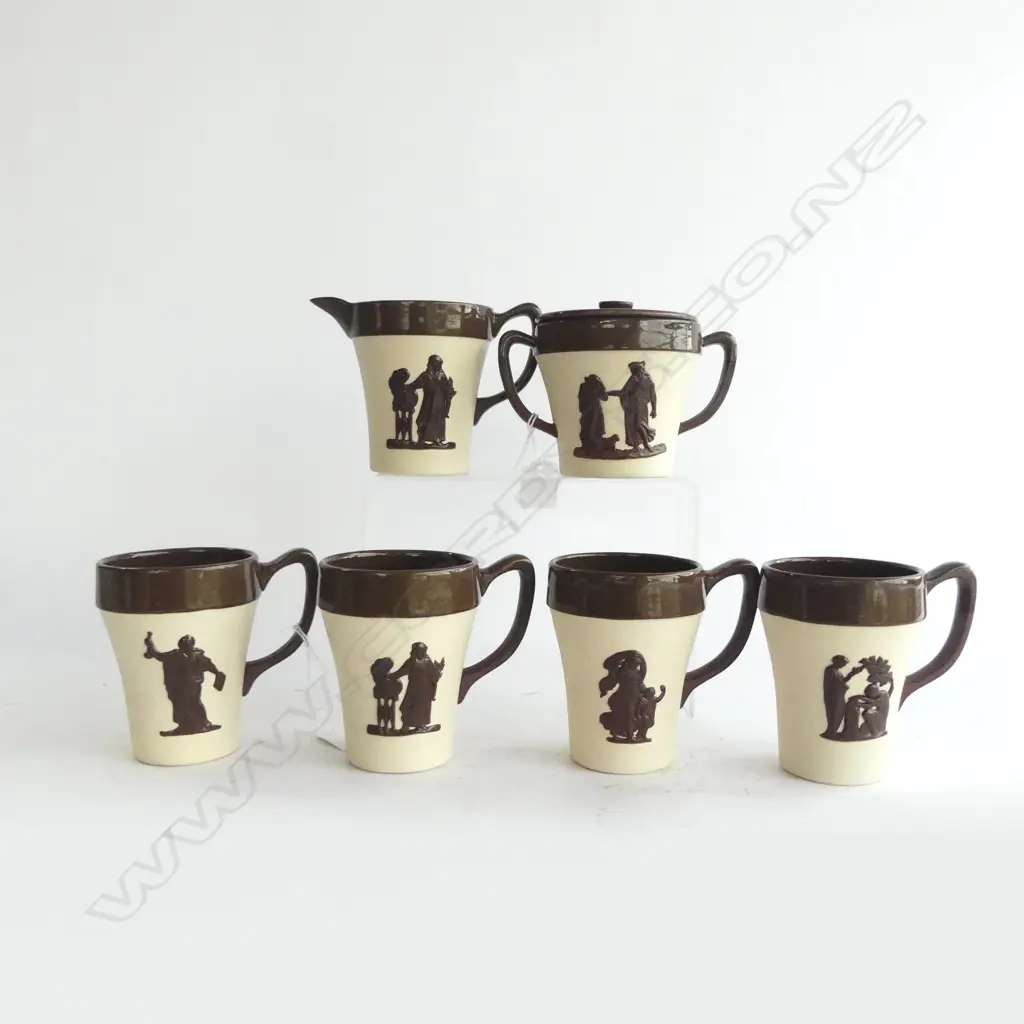 TEMUKA POTTERY LOVATTS JASPER WARE 4 MUGS SUG/MILK, BASS RELIEF WORK AS WEDGWOOD  Image 1++